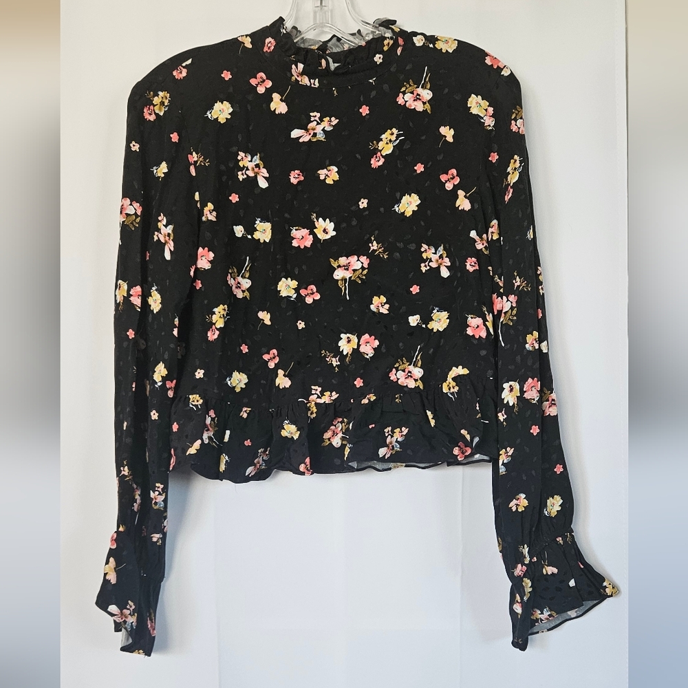 Topshop Women's Floral Print high‎ neck ruffled top size 4